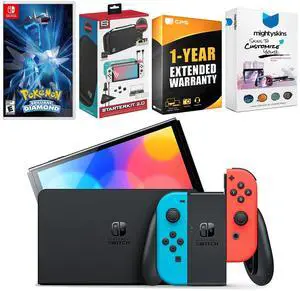 Nintendo Switch Neon Red & Blue OLED Console with Pokemon Brilliant Diamond Edition, Surge Accessory Gaming Kit, MightySkins Console and Controller Skin Voucher, and 1 Year CPS Extended Warranty