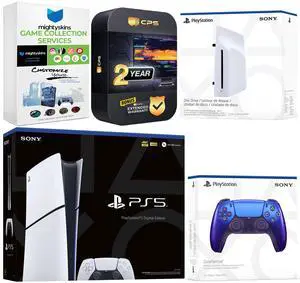 Sony PlayStation 5 Slim Digital Bundle with Disc Drive, Extra Controller, MightySkins Game Collection and 2 Year Extended Warranty - Chroma Indigo