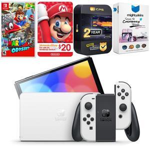 Nintendo Switch White OLED Console with Super Mario Odyssey, Nintendo $20 eShop Gift Card, MightySkins Console and Controller Skin Voucher, and 2 Year CPS Extended Warranty