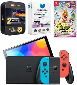 Nintendo Switch Neon OLED with Rabbids: Party of Legends, MightySkins Voucher and 2 Year CPS Extended Warranty