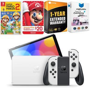 Nintendo Switch White OLED Console with Mario Maker 2, Nintendo $20 eShop Gift Card, MightySkins Console and Controller Skin Voucher, and 1 Year CPS Extended Warranty