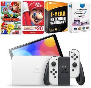 Nintendo Switch White OLED Console with Mario vs. Donkey Kong, Nintendo $20 eShop Gift Card, MightySkins Console and Controller Skin Voucher, and 1 Year CPS Extended Warranty
