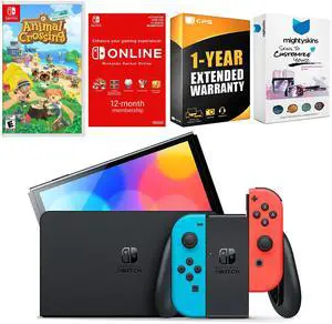 Nintendo Switch Neon Red & Blue OLED Console with Animal Crossing New Horizons, NSO 12 Month Family Membership, MightySkins Console and Controller Skin Voucher and 1 Year CPS Extended Warranty