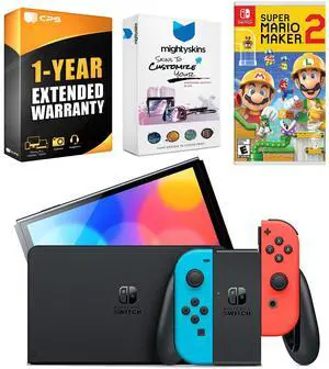 Nintendo Switch Neon Red & Blue OLED Console with Mario Maker 2, MightySkins Console and Controller Skin Voucher, and 1 Year CPS Extended Warranty
