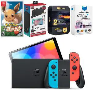 Nintendo Switch Neon Red & Blue OLED Console with Pokemon: Let's Go, Eevee! Edition, Surge Accessory Gaming Kit, MightySkins Console and Controller Skin Voucher, and 2 Year CPS Extended Warranty