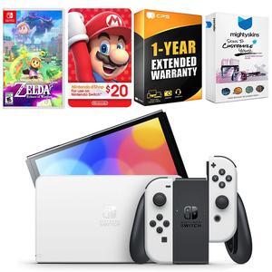 Nintendo Switch White OLED Console with The Legend Of Zelda Echoes Of Wisdom, Nintendo $20 eShop Gift Card, MightySkins Console and Controller Skin Voucher, and 1 Year CPS Extended Warranty
