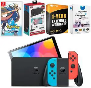 Nintendo Switch Neon Red & Blue OLED Console with Pokemon Sword Edition, Surge Accessory Gaming Kit, MightySkins Console and Controller Skin Voucher, and 1 Year CPS Extended Warranty