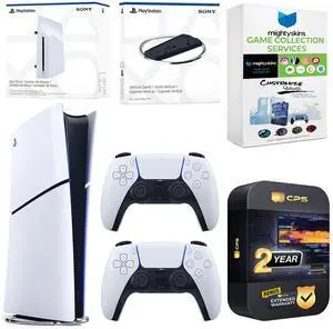 Sony PlayStation 5 Slim Digital Bundle with Disc Drive, Extra Controller, Vertical Stand, MightySkins Game Collection Services and 2 Year Extended Warranty - Glacier White