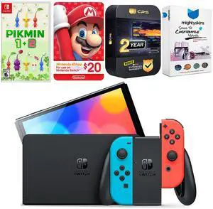 Nintendo Switch Neon Red & Blue OLED Console with Pikmin 1 + 2, Nintendo $20 eShop Gift Card, MightySkins Console and Controller Skin Voucher and 2 Year CPS Extended Warranty