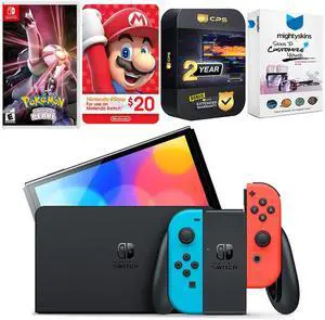 Nintendo Switch Neon Red & Blue OLED Console with Pokemon Shining Pearl, Nintendo $20 eShop Gift Card, MightySkins Console and Controller Skin Voucher and 2 Year CPS Extended Warranty