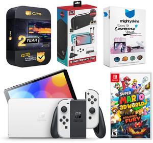 Nintendo Switch White OLED Console with Super Mario 3D World + Bowsers Fury, Surge Accessory Gaming Kit, MightySkins Console and Controller Skin Voucher, and 2 Year CPS Extended Warranty