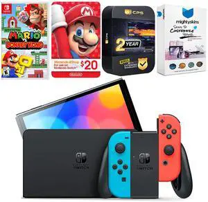 Nintendo Switch Neon Red & Blue OLED Console with Mario vs. Donkey Kong, Nintendo $20 eShop Gift Card, MightySkins Console and Controller Skin Voucher and 2 Year CPS Extended Warranty