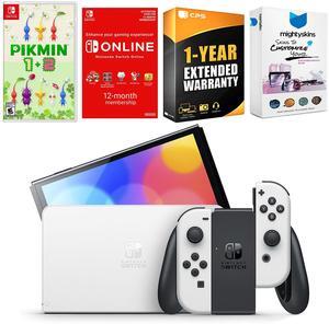 Nintendo Switch White OLED Console with Pikmin 1 + 2, NSO 12 Month Family Membership, MightySkins Console and Controller Skin Voucher, and 1 Year CPS Extended Warranty