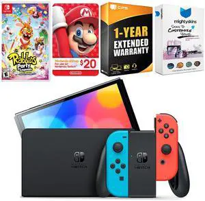 Nintendo Switch Neon Red & Blue OLED Console with Rabbids: Party of Legends, Nintendo $20 eShop Gift Card, MightySkins Console and Controller Skin Voucher and 1 Year CPS Extended Warranty