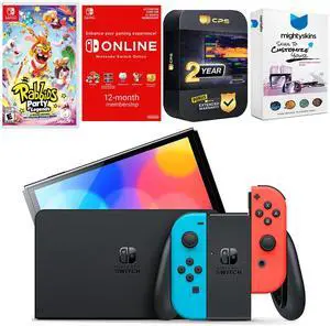 Nintendo Switch Neon Red & Blue OLED Console with Rabbids: Party of Legends, NSO 12 Month Family Membership, MightySkins Console and Controller Skin Voucher and 2 Year CPS Extended Warranty