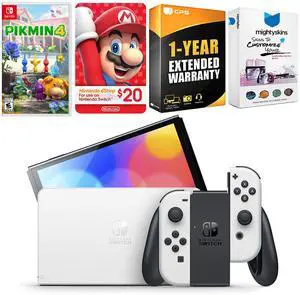 Nintendo Switch White OLED Console with Pikmin 4, Nintendo $20 eShop Gift Card, MightySkins Console and Controller Skin Voucher, and 1 Year CPS Extended Warranty