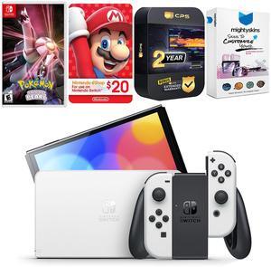 Nintendo Switch White OLED Console with Pokemon Shining Pearl, Nintendo $20 eShop Gift Card, MightySkins Console and Controller Skin Voucher, and 2 Year CPS Extended Warranty