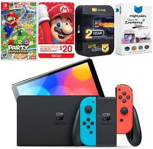 Nintendo Switch Neon Red & Blue OLED Console with Mario Party Superstars, Nintendo $20 eShop Gift Card, MightySkins Console and Controller Skin Voucher and 2 Year CPS Extended Warranty