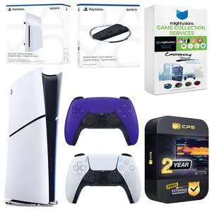 Sony PlayStation 5 Slim Digital Bundle with Disc Drive, Extra Controller, Vertical Stand, MightySkins Game Collection Services and 2 Year Extended Warranty - Galactic Purple