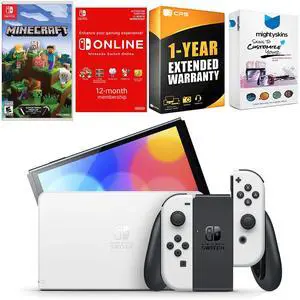 Nintendo Switch White OLED Console with Minecraft: Switch Edition, NSO 12 Month Family Membership, MightySkins Console and Controller Skin Voucher, and 1 Year CPS Extended Warranty