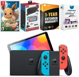 Nintendo Switch Neon Red & Blue OLED Console with Pokemon: Let's Go, Eevee! Edition, Surge Accessory Gaming Kit, MightySkins Console and Controller Skin Voucher, and 1 Year CPS Extended Warranty