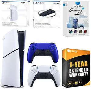 Sony PlayStation 5 Slim Digital Bundle with Disc Drive, Extra Controller, Vertical Stand, MightySkins Voucher and 1 Year Extended Warranty - Cobalt Blue Sony PlayStation 5 Slim Digital Bundle with Disc Drive, Extra Controller, Vertical Stand, MightySkins Voucher and 1 Year Extended Warranty - Cobalt Blue