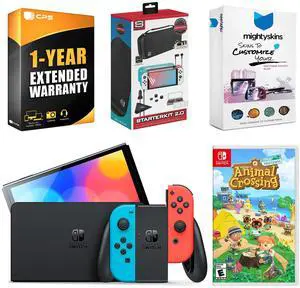 Nintendo Switch Neon Red & Blue OLED Console with The Legend of Zelda: Link's Awakening, Surge 12-in-1 Accessory Starter Kit 2.0, MightySkins Console and Controller Skin Voucher, and 1 Year CPS Exten