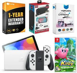 Nintendo Switch White OLED Console with Kirby and the Forgotten Land, Surge Accessory Gaming Kit, MightySkins Console and Controller Skin Voucher, and 1 Year CPS Extended Warranty