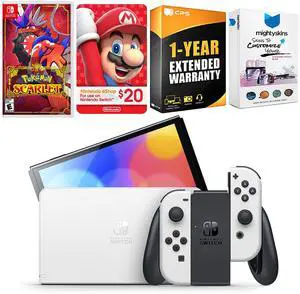 Nintendo Switch White OLED Console with Pokemon Scarlet, Nintendo $20 eShop Gift Card, MightySkins Console and Controller Skin Voucher, and 1 Year CPS Extended Warranty