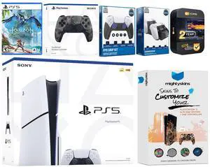 Sony Playstation 5 Slim Disc with Horizon Forbidden West, Extra Gray Camo Controller, FPS Grip Kit, Charge Dock and MightySkins Decal Voucher + 2 Year CPS Extended Warranty