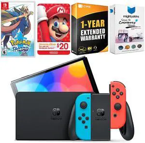 Nintendo Switch Neon Red & Blue OLED Console with Pokemon Sword, Nintendo $20 eShop Gift Card, MightySkins Console and Controller Skin Voucher and 1 Year CPS Extended Warranty