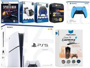 Sony Playstation 5 Slim Disc with Spider-Man: Miles Morales, Extra Starlight Blue Controller, Gamer Kit, Charge Dock and MightySkins Decal Voucher + 2 Year CPS Extended Warranty