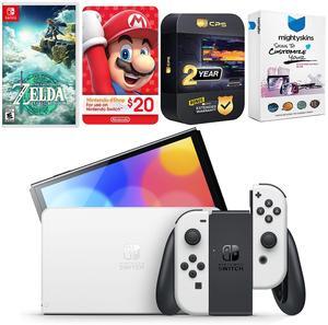 Nintendo Switch White OLED Console with The Legend Of Zelda Tears of the Kingdom, Nintendo $20 eShop Gift Card, MightySkins Console and Controller Skin Voucher, and 2 Year CPS Extended Warranty