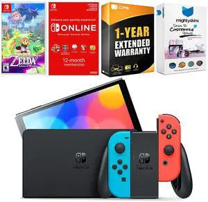 Nintendo Switch Neon OLED with Zelda Echoes Of Wisdom, Online Membership, MightySkins Voucher and 1 Year CPS Extended Warranty