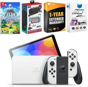 Nintendo Switch White OLED Console with The Legend of Zelda: Link's Awakening, Surge Accessory Gaming Kit, MightySkins Console and Controller Skin Voucher, and 1 Year CPS Extended Warranty