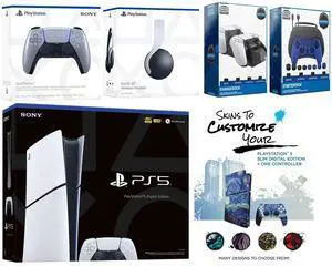 Sony Playstation 5 Slim Digital with White Pulse Headset, Extra Sterling Silver Controller, Gamer Kit, Charge Dock and MightySkins Decal Voucher + 1 Year CPS Extended Warranty