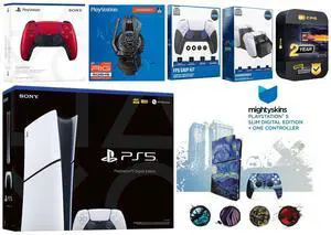Sony Playstation 5 Slim Digital with Extra Volcanic Red Controller, Plantronics Headset, FPS Grip Kit, Charge Dock and MightySkins Decal Voucher + 2 Year CPS Extended Warranty
