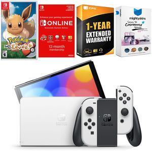 Nintendo Switch White OLED Console with Pokemon Let's Go, Eevee!, NSO 12 Month Family Membership, MightySkins Console and Controller Skin Voucher, and 1 Year CPS Extended Warranty
