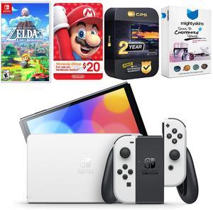 Nintendo Switch White OLED Console with The Legend Of Zelda Link's Awakening, Nintendo $20 eShop Gift Card, MightySkins Console and Controller Skin Voucher, and 2 Year CPS Extended Warranty