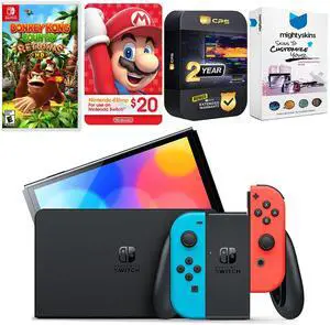 Nintendo Switch Neon Red & Blue OLED Console with Donkey Kong Country Returns HD, Nintendo $20 eShop Gift Card, MightySkins Console and Controller Skin Voucher, and 2 Year CPS Extended Warranty
