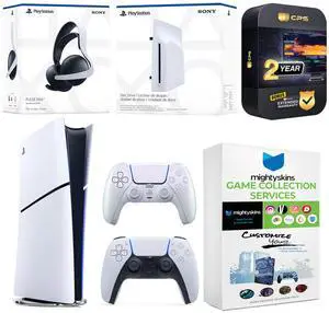 Sony PlayStation 5 Slim Digital Bundle with Disc Drive, Extra Controller, Pulse Elite Headset, MightySkins Game Collection and 2 Year Extended Warranty - Chroma Pearl