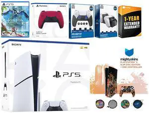 Sony Playstation 5 Slim Disc with Horizon Forbidden West, Extra Cosmic Red Controller, FPS Grip Kit, Charge Dock and MightySkins Decal Voucher + 1 Year CPS Extended Warranty