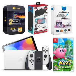 Nintendo Switch White OLED Console with Kirby and the Forgotten Land, Surge Accessory Gaming Kit, MightySkins Console and Controller Skin Voucher, and 2 Year CPS Extended Warranty