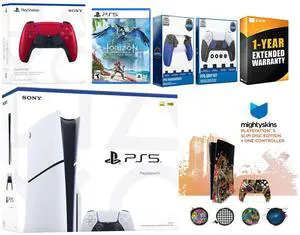 Sony Playstation 5 Slim Disc with Horizon Forbidden West, Extra Volcanic Red Controller, Trigger Stop Kit, FPS Grip Kit and MightySkins Decal Voucher + 1 Year CPS Extended Warranty