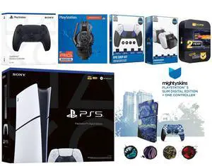 Sony Playstation 5 Slim Digital with Extra Midnight Black Controller, Plantronics Headset, FPS Grip Kit, Charge Dock and MightySkins Decal Voucher + 2 Year CPS Extended Warranty