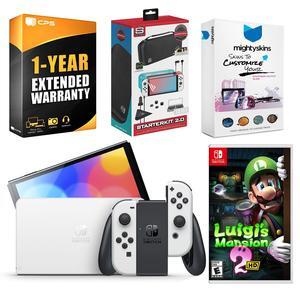 Nintendo Switch White OLED Console with Luigis Mansion 2 HD, Surge Accessory Gaming Kit, MightySkins Console and Controller Skin Voucher, and 1 Year CPS Extended Warranty
