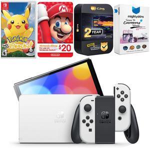 Nintendo Switch White OLED Console with Pokemon Let's Go, Pikachu!, Nintendo $20 eShop Gift Card, MightySkins Console and Controller Skin Voucher, and 2 Year CPS Extended Warranty