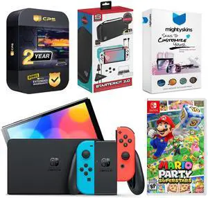 Nintendo Switch Neon OLED with Mario Party Superstars, Gaming Kit, MightySkins Voucher and 2 Year CPS Extended Warranty