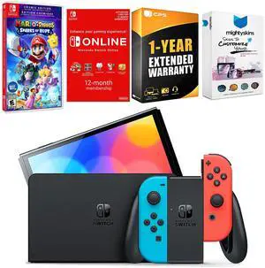 Nintendo Switch Neon Red & Blue OLED Console with Mario + Rabbids Sparks of Hope Cosmic Edition, NSO 12 Month Family Membership, MightySkins Console and Controller Skin Voucher, and 1 Year CPS Extend