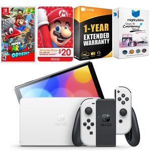 Nintendo Switch White OLED Console with Super Mario Odyssey, Nintendo $20 eShop Gift Card, MightySkins Console and Controller Skin Voucher, and 1 Year CPS Extended Warranty